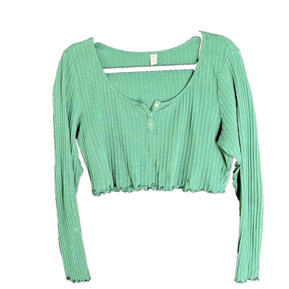BP Crop Top Womens Extra Large Green Ribbed Lettuce Edge Henley Stretch New